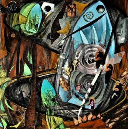 Acrylic painting with collage and digital images